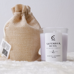 mini candle with burlap bag and clean background